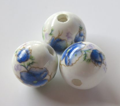 12mm white blue peony flower porcelain bead