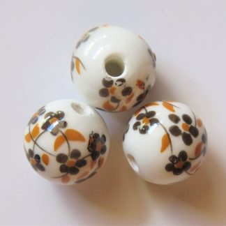 12mm white brown oriental flower porcelain bead
