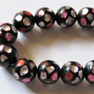 12mm round black pink silver foil lampwork glass beads