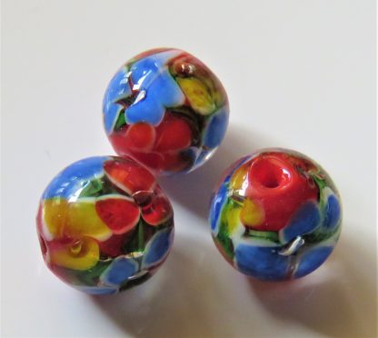 12mm Round Lampwork Glass Beads - Red / Yellow & Blue Flowers
