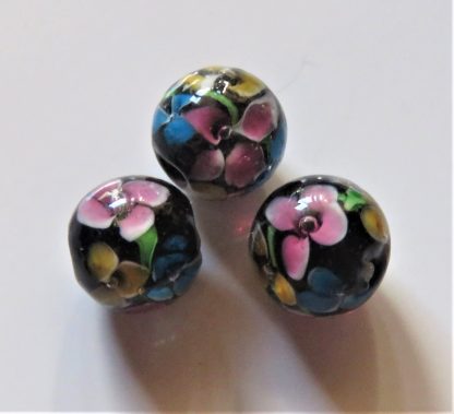 12mm Round Lampwork Glass Beads - Black / Coloured Flowers