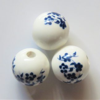 12mm white dark navy blue oriental flower porcelain bead