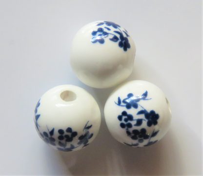 12mm white dark navy blue oriental flower porcelain bead