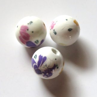 12mm Round Porcelain/Ceramic Beads - White / Purple Bows