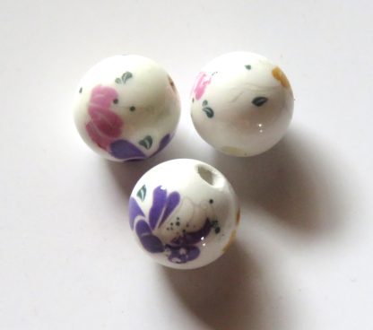 12mm Round Porcelain/Ceramic Beads - White / Purple Bows