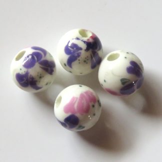 10mm Round Porcelain/Ceramic Beads - White / Purple Bows