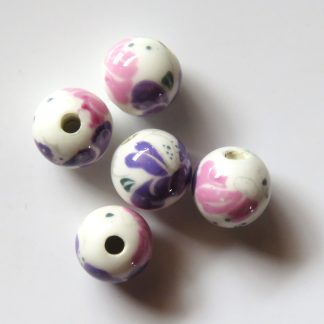 8mm Round Porcelain/Ceramic Beads - White / Purple Bows