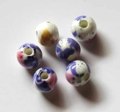 6mm Round Porcelain/Ceramic Beads - White / Purple Bows
